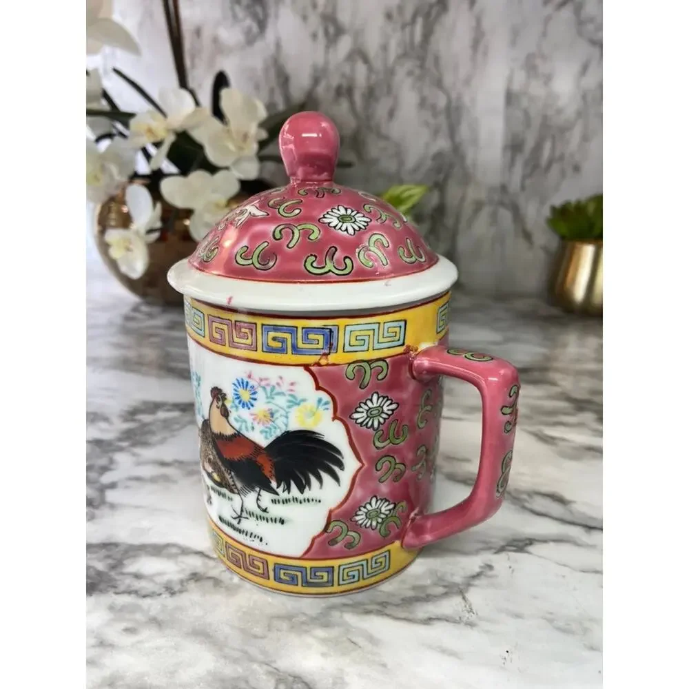 Vintage Pink Chinese Hand Painted Mug with Lid